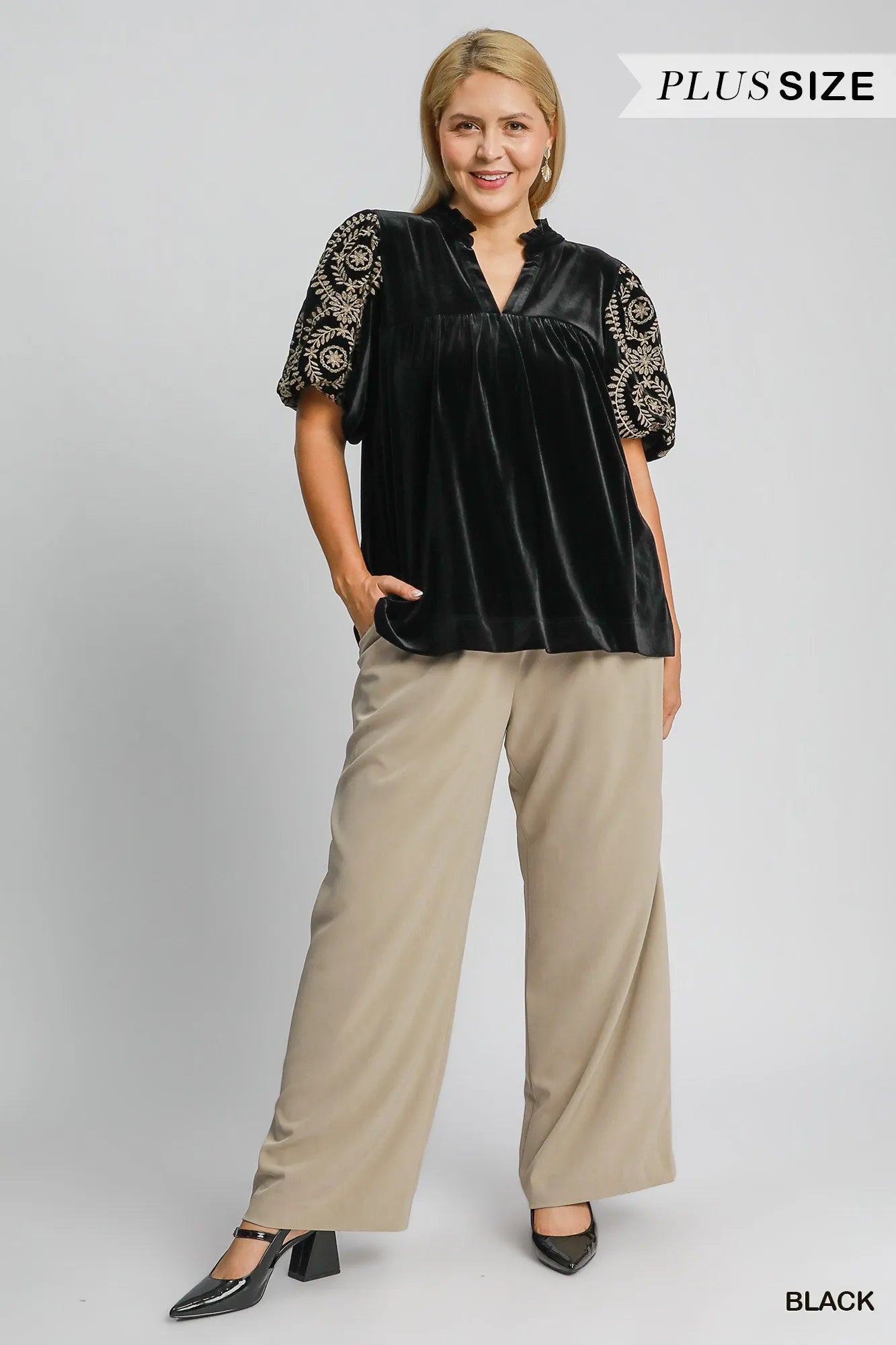 Umgee Full Size Velvet Embroidered Sleeve Blouse Plus Size OutfitFlow