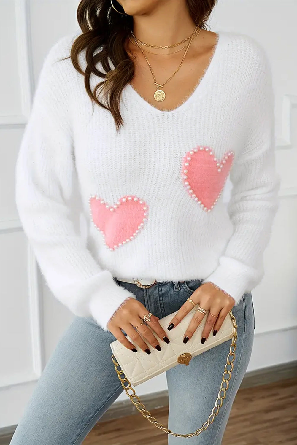 Outfit Flow - Heart V-Neck Long Sleeve Sweater