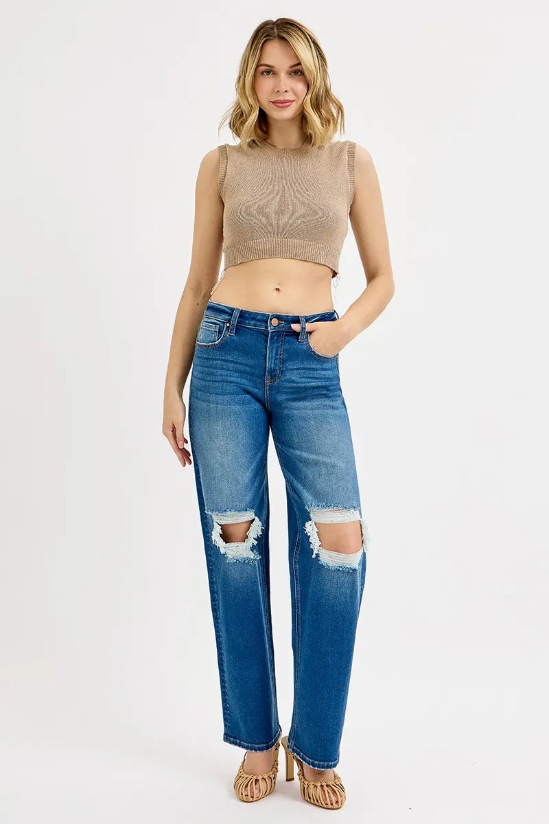 RISEN Full Size Mid Waist Fit Boyfriend Knee Distressed Jeans Plus Size OutfitFlow