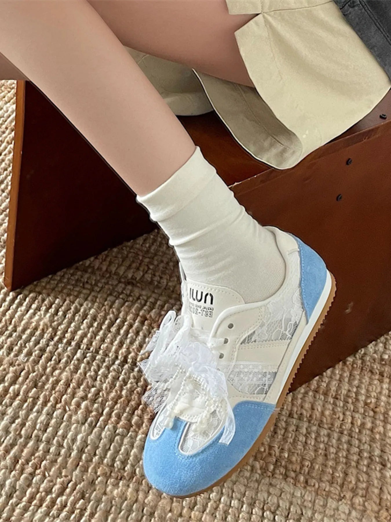 Vintage Lace Ribbon Sneakers Blue OutfitFlow