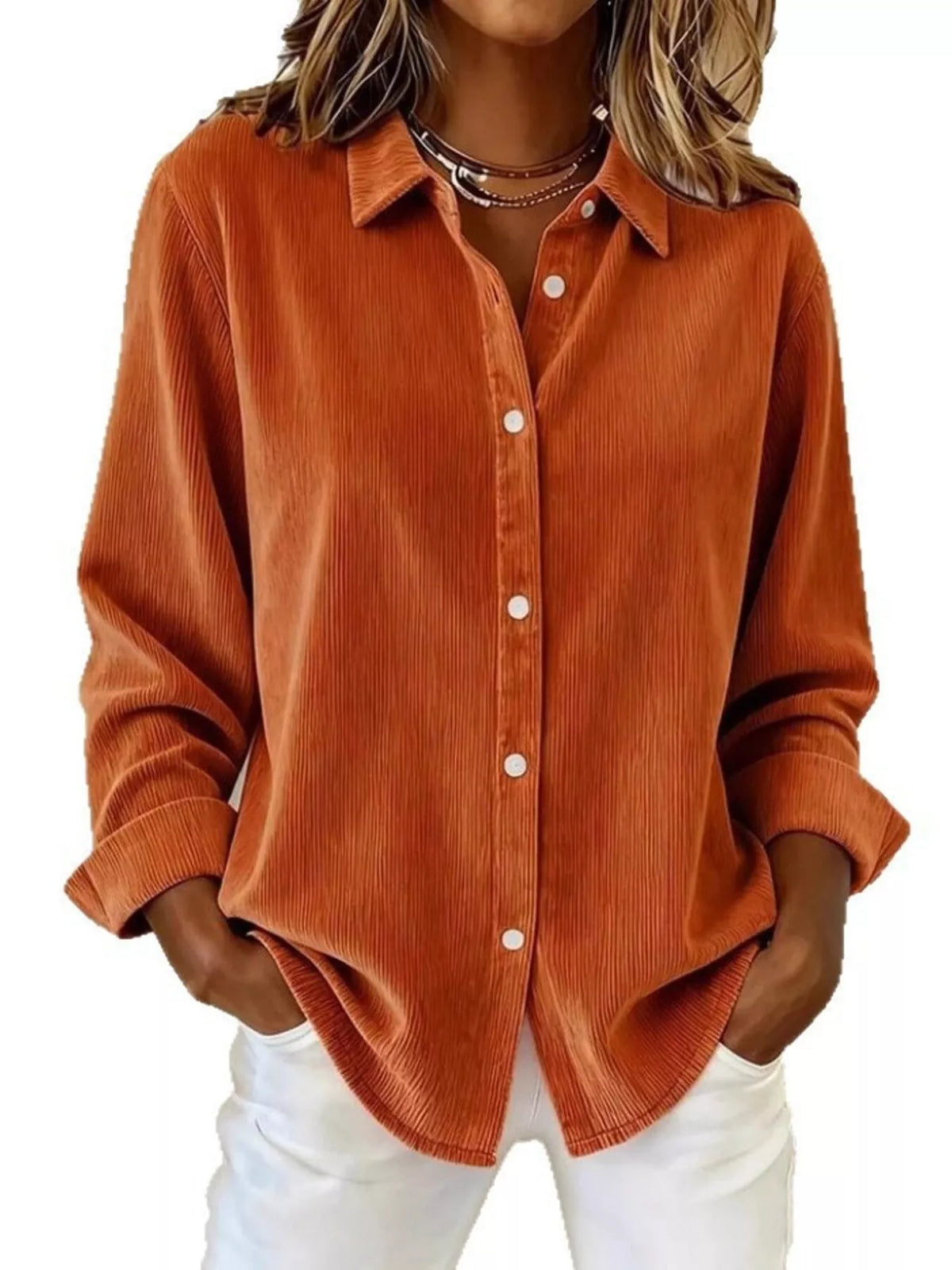 Full Size Corduroy Button-Down Shirt Plus Size Orange OutfitFlow