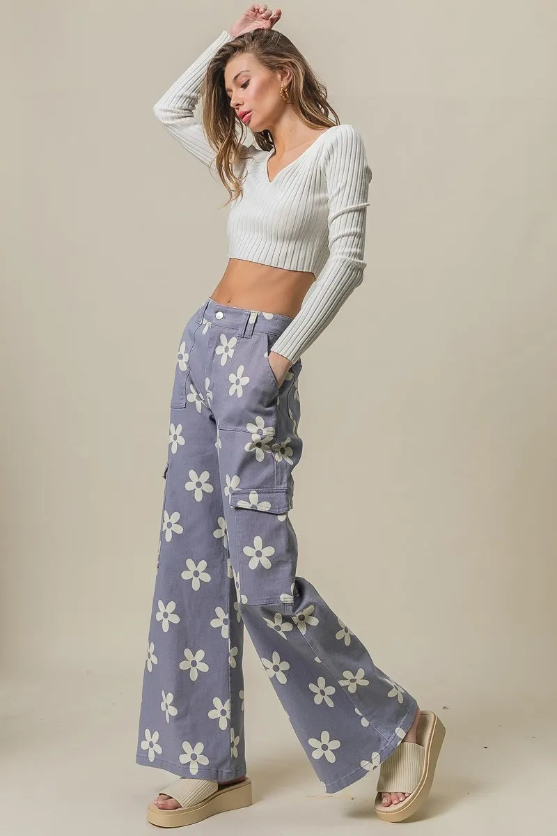 BiBi Flower Printed Side Pocket Wide Pants OutfitFlow