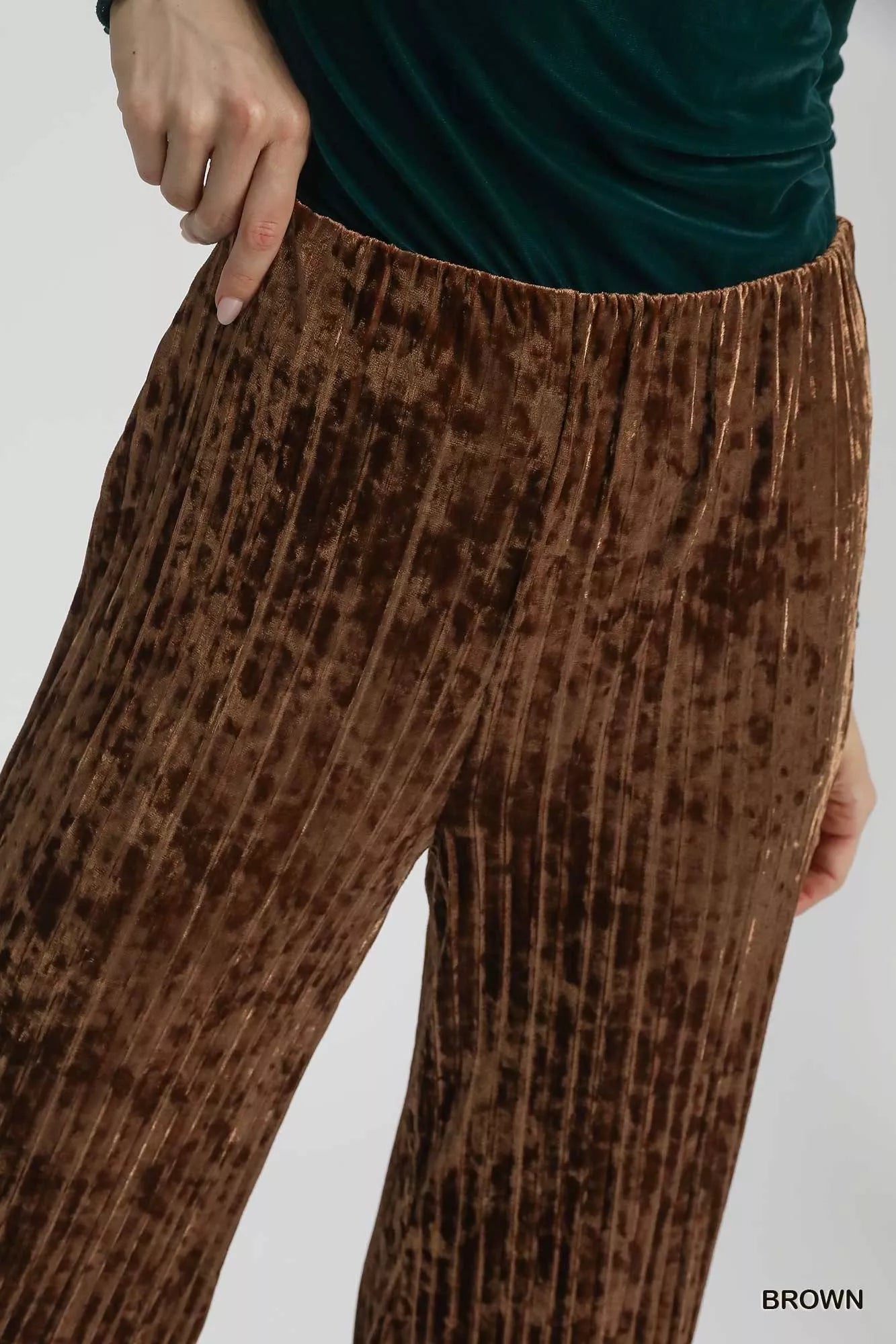 Umgee Velvet Pleated Wide Leg Pants Trendsi