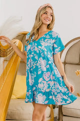 BiBi Floral Crinkle Shirred Ruffle Detail V Neck Dress OutfitFlow