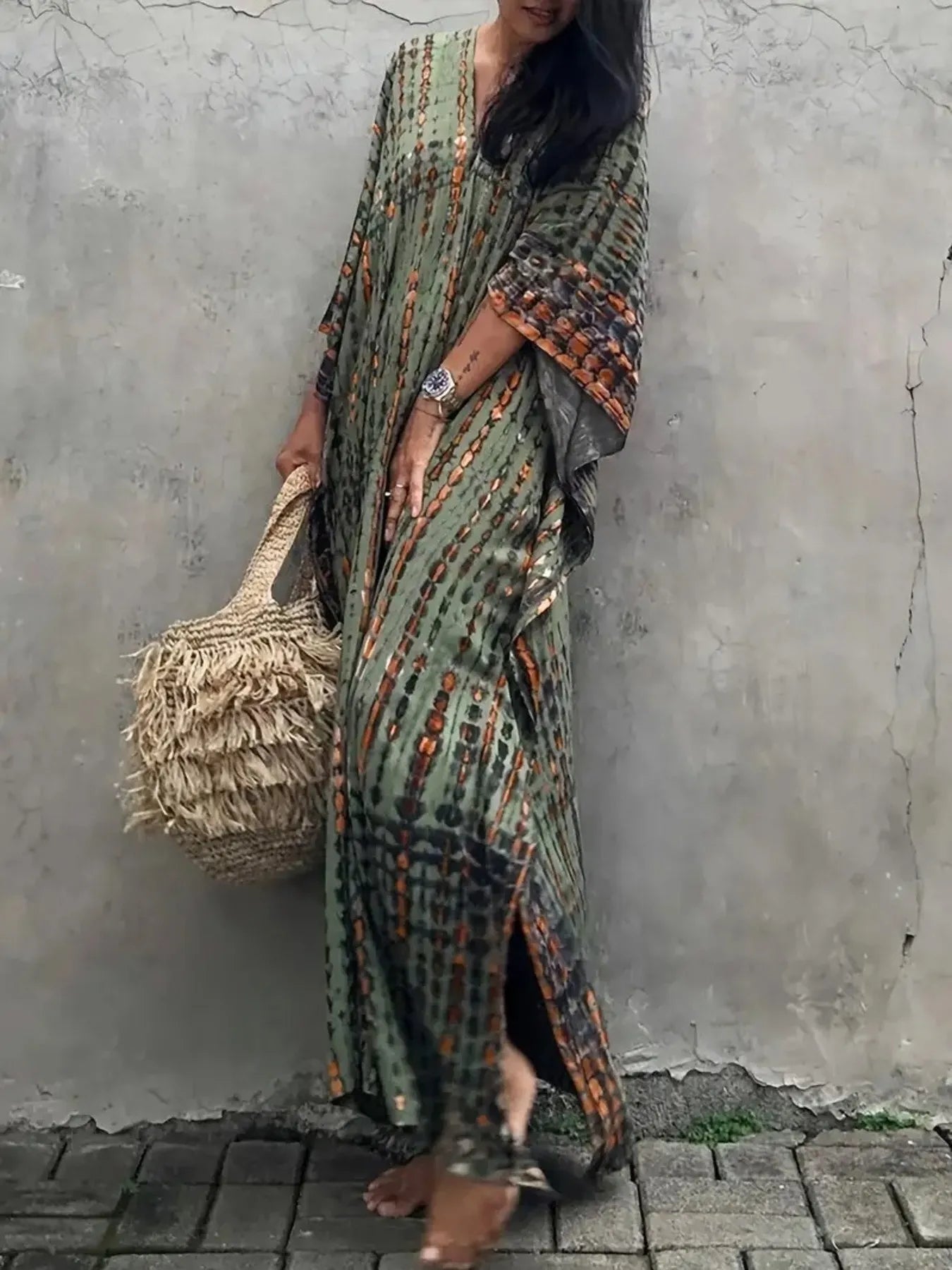 Tie-Dye V-Neck Maxi Dress with Flowy Sleeves OutfitFlow