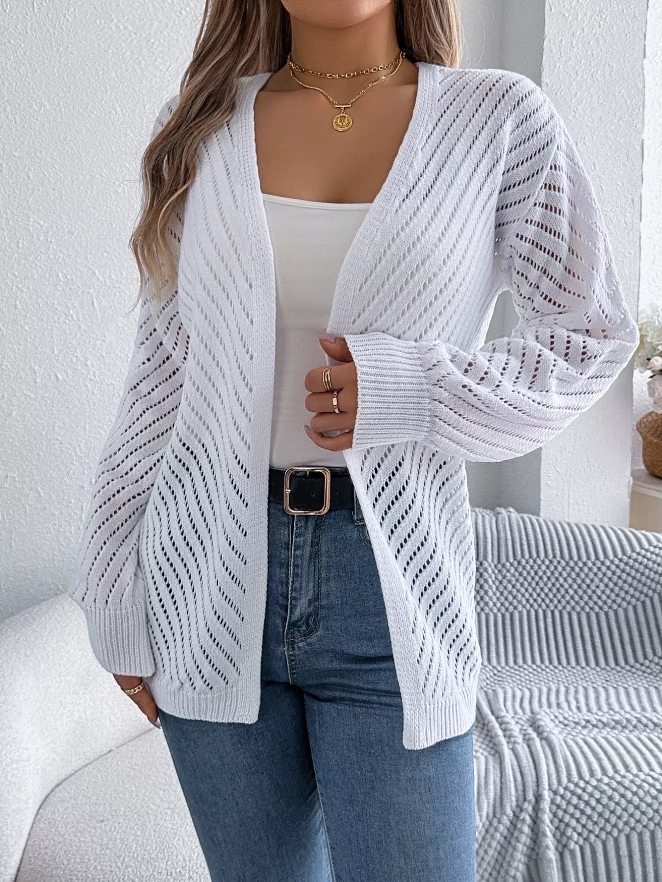 Openwork Open-Front Long Sleeve Cardigan OutfitFlow