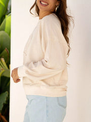 Raw Edge Flower Patch Drop Shoulder Casual Top OutfitFlow