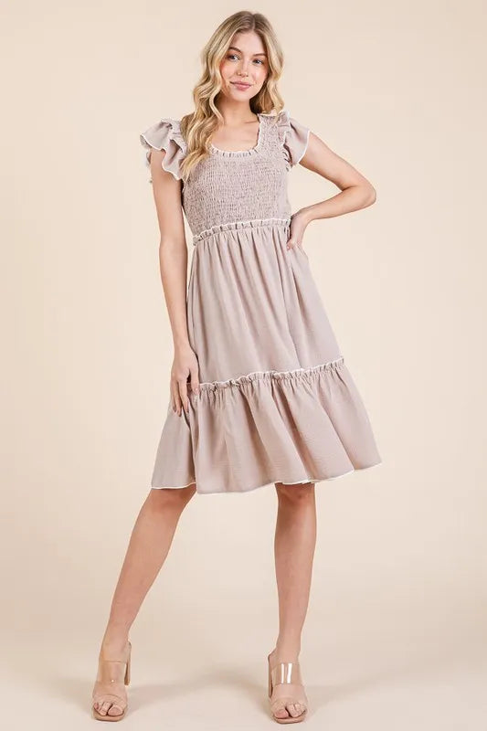 Lime 'N' Chili Ruffle Trim Smocked Dress with Contrast TAUPE OutfitFlow