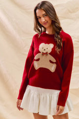 SO ME Teddy Bear With Check Ribbon Christmas Sweater OutfitFlow