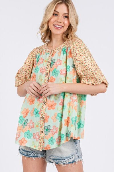 Button Down Bubble Sleeves Shirt OutfitFlow
