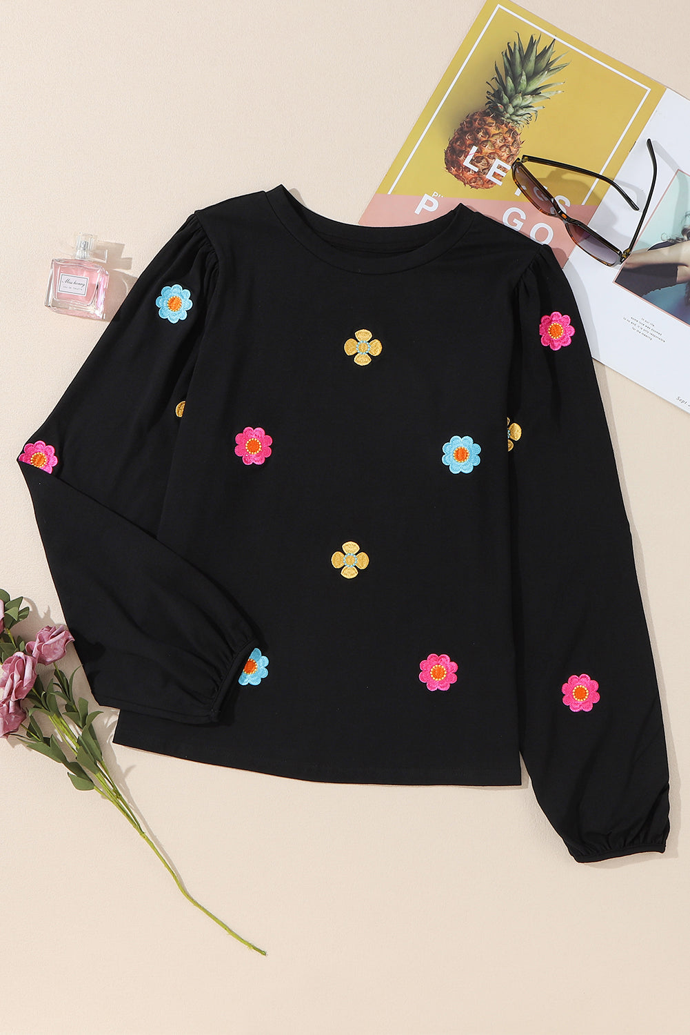 Outfit Flow - Flower Round Neck Long Sleeve Sweater