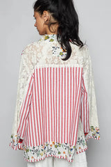 POL Lace Long Sleeve Striped Cardigan with Floral Patchwork Detail OutfitFlow