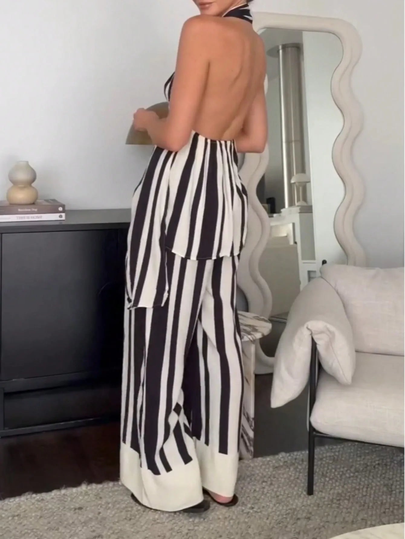 Striped Halter Neck Top and Pants Two-Piece Set OutfitFlow