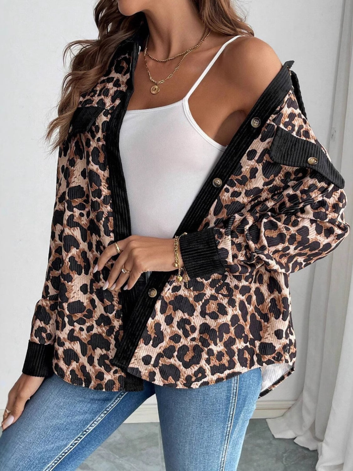 Outfit Flow - Leopard Collared Neck Button Up Jackets