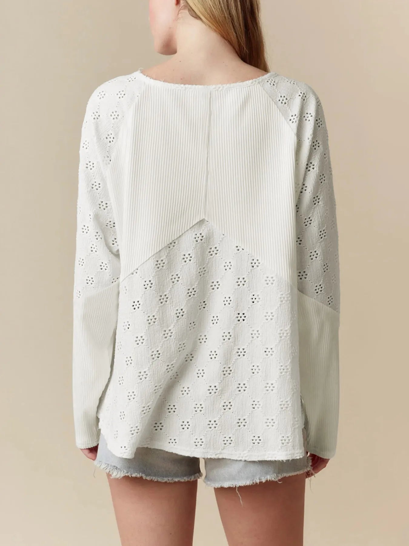Eyelet Embroidered Loose V Neck Long Sleeve Top OutfitFlow