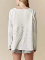 Eyelet Embroidered Loose V Neck Long Sleeve Top OutfitFlow