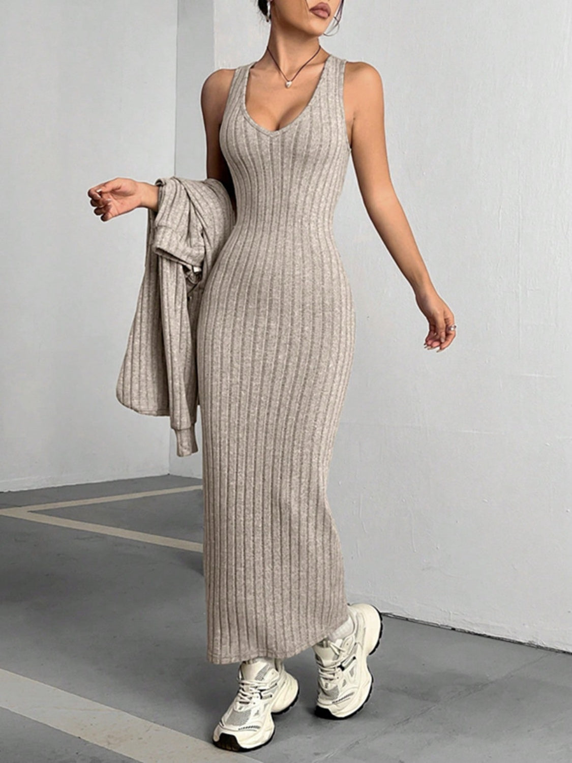 Outfit Flow - Ribbed Cropped Hooded Top and V-Neck Tank Dress Set