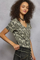 POL Printed V-Neck Short Sleeve T-Shirt OutfitFlow