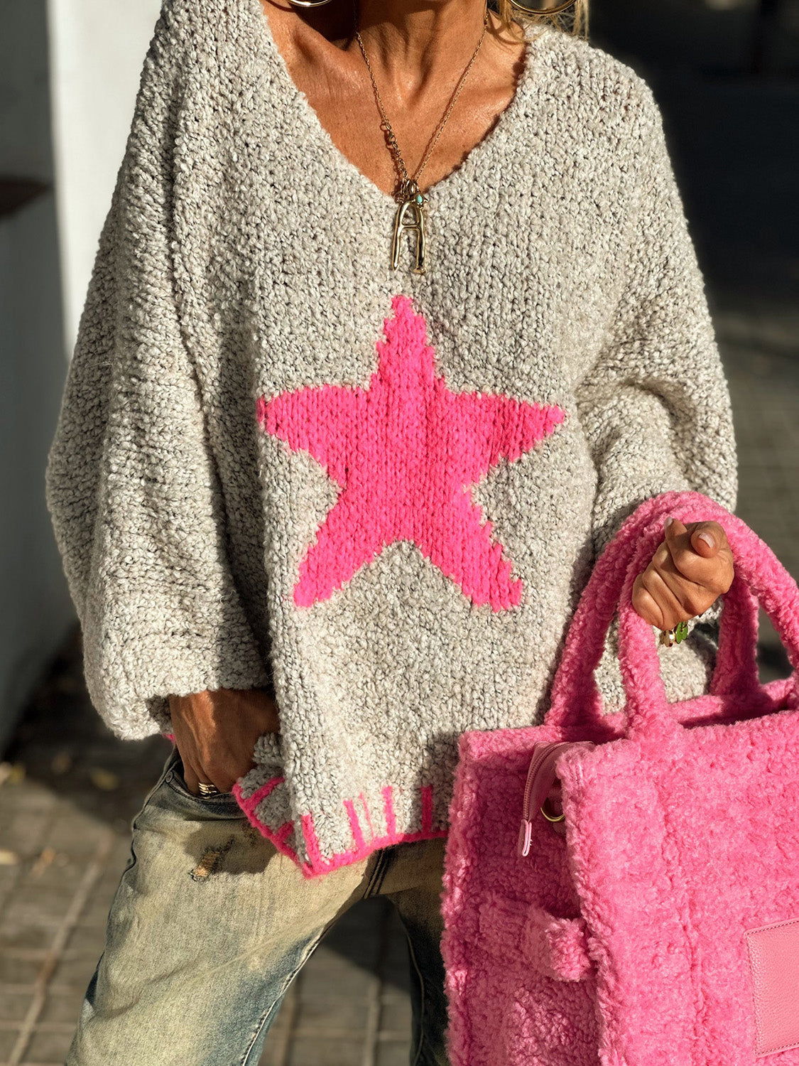 Outfit Flow - Star V-Neck Long Sleeve Oversize Sweater