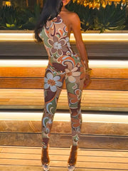 Tropical Print Halter Neck Bodycon Jumpsuit OutfitFlow