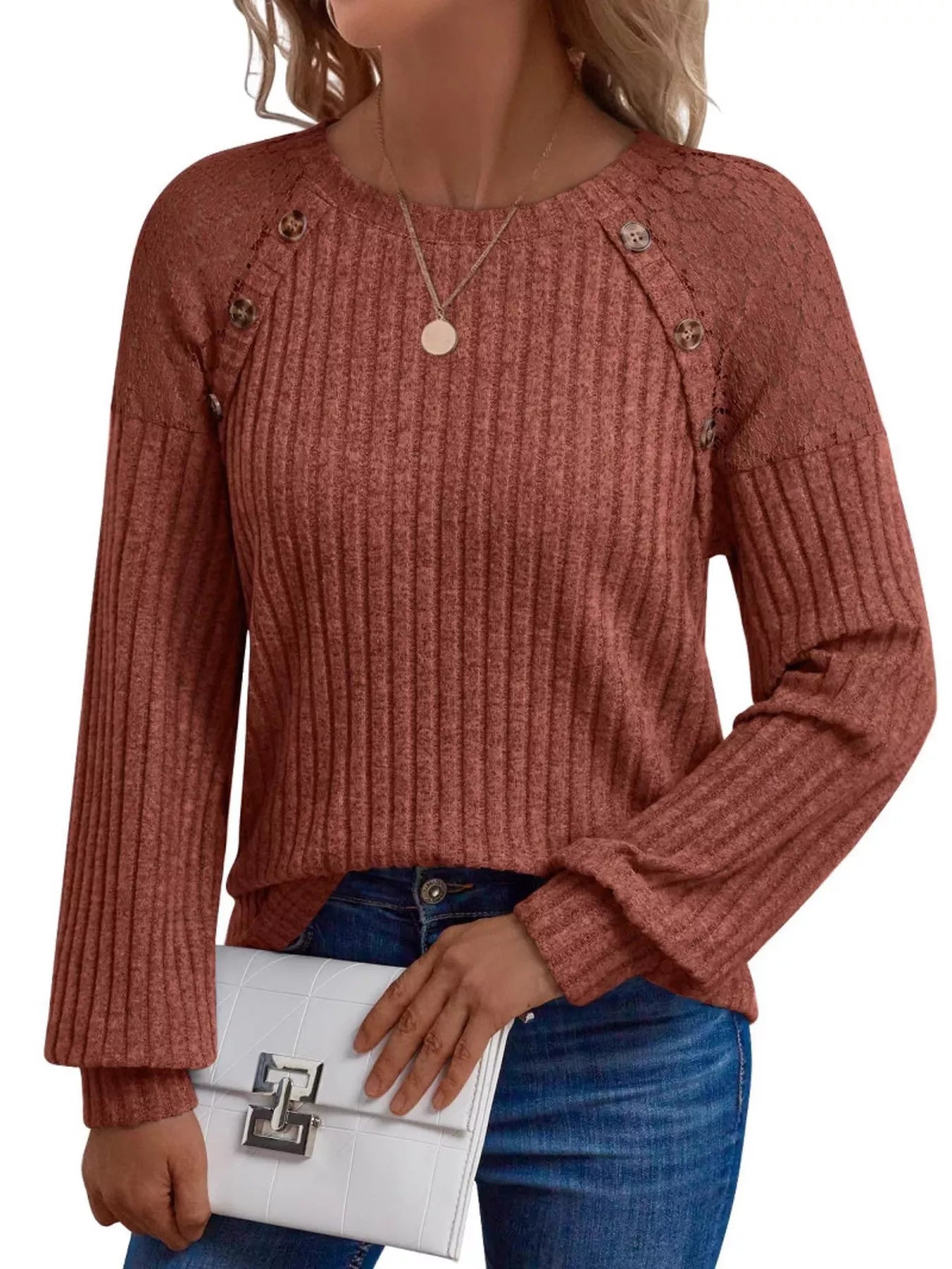 Ribbed Knit T-Shirt with Lace Shoulder Detail OutfitFlow