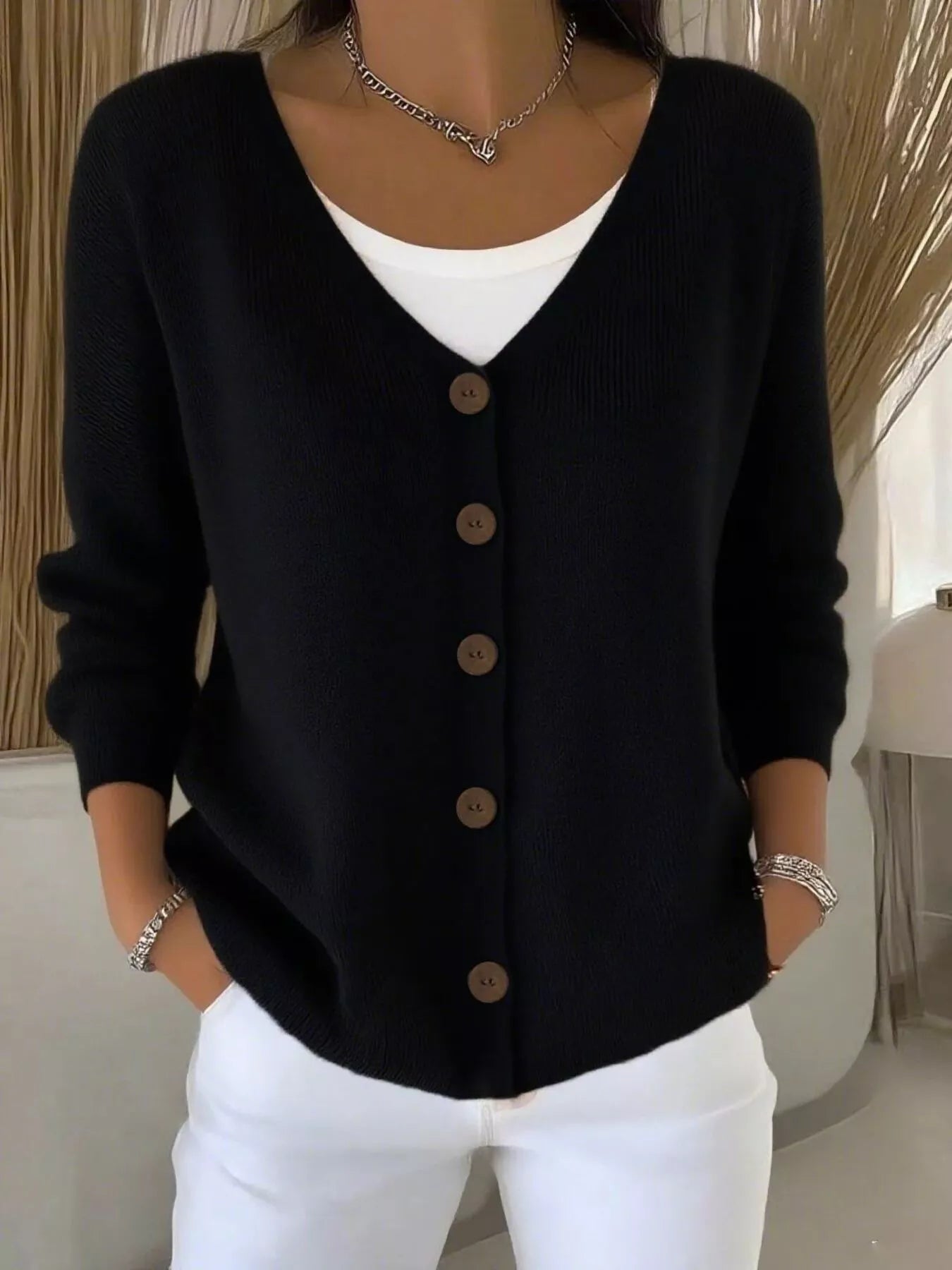 Full Size V-Neck Button-Down Knit Cardigan Plus Size Black OutfitFlow