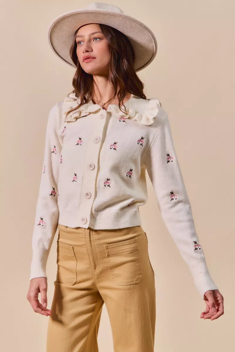 SO ME Collared Floral Embroidered Button Down Sweater Cardigan OutfitFlow
