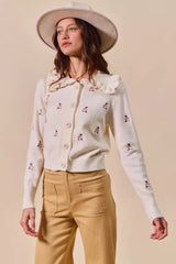 SO ME Collared Floral Embroidered Button Down Sweater Cardigan OutfitFlow
