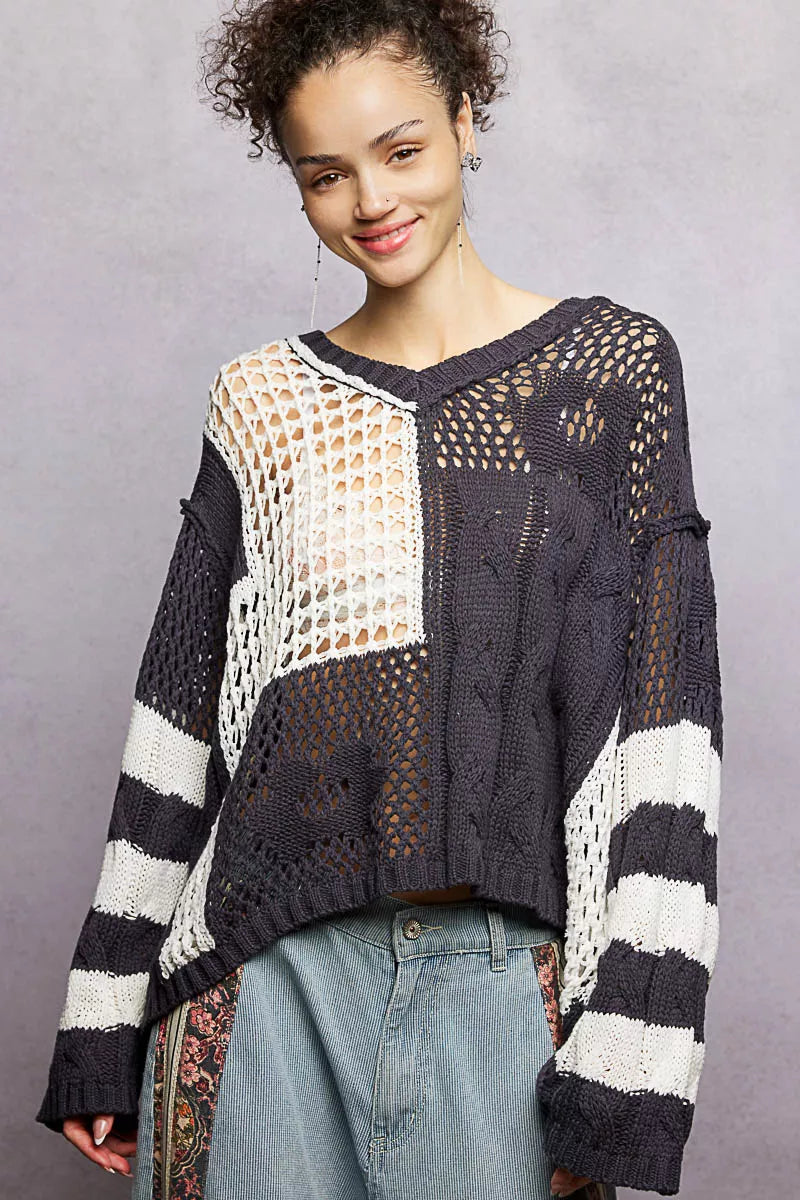 POL Color-Blocked Stripe Pattern Knit Top with Twisted Weave CHARCOAL OutfitFlow