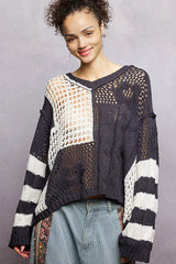POL Color-Blocked Stripe Pattern Knit Top with Twisted Weave CHARCOAL OutfitFlow