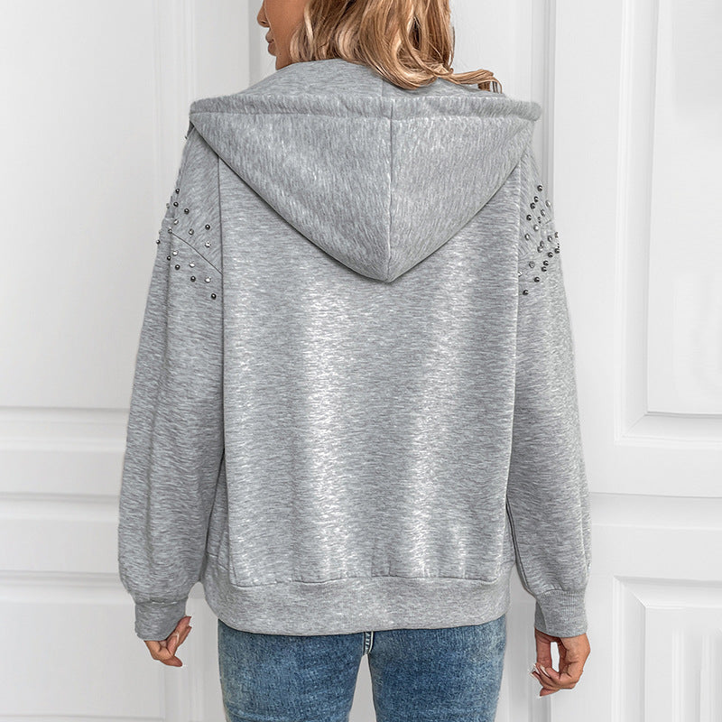 Outfit Flow - Perfee Rhinestone Zip Up Long Sleeve Hoodie