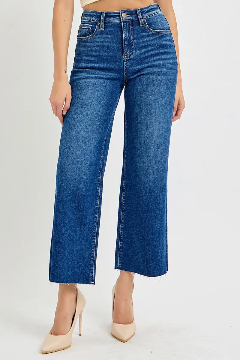 RISEN Full Size Tummy Control High Rise Wide Crop Jeans Plus Size Trendsi