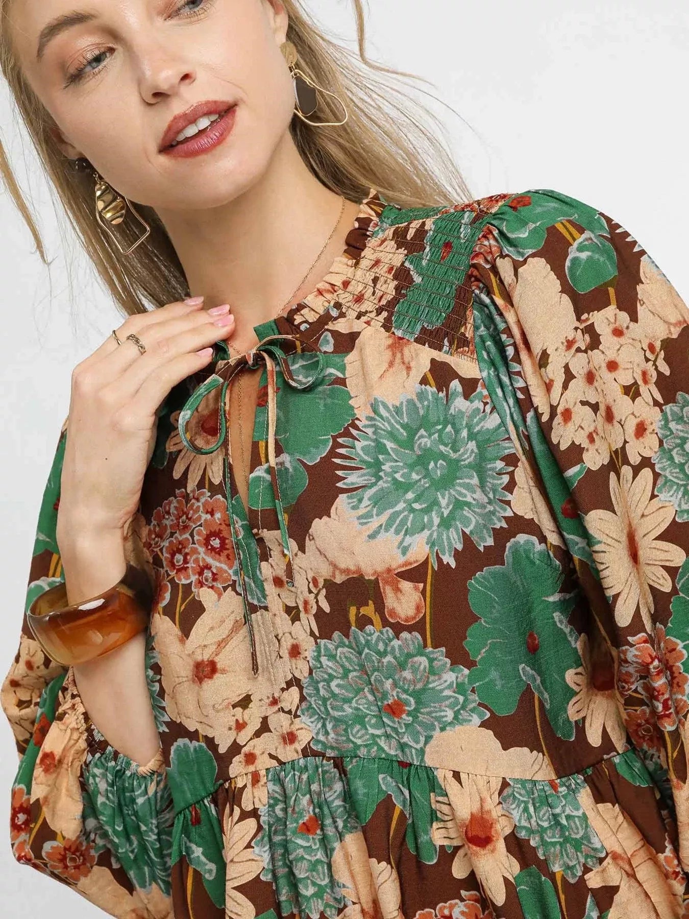 Umgee Mix Floral Peplum Blouse with Tie Neck OutfitFlow