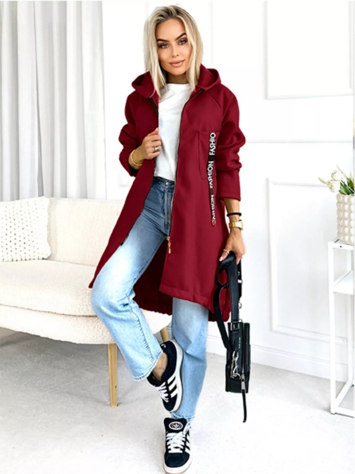 Full Size Zip Up Longline Hooded Outerwear Plus Size Trendsi