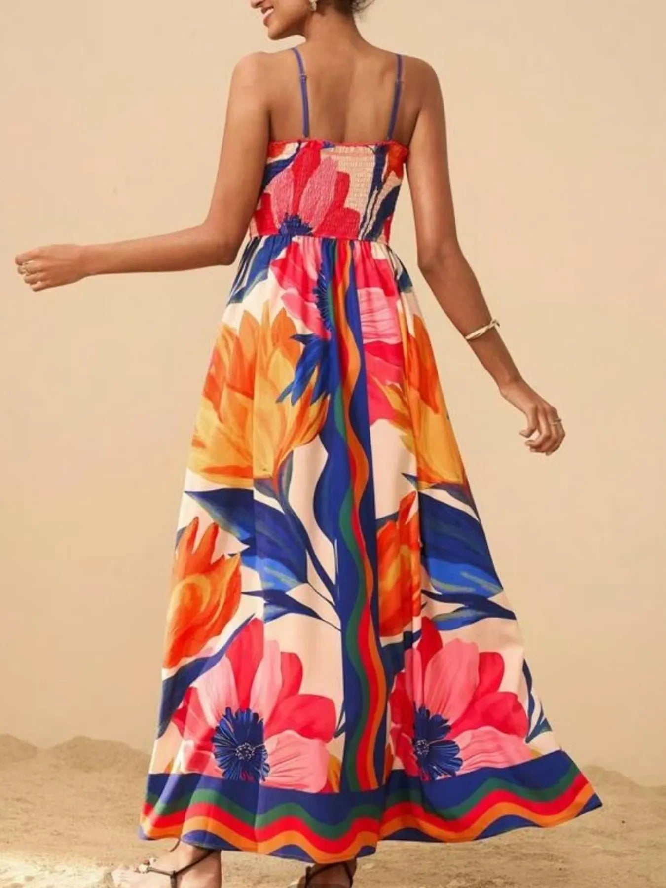 Smocked Printed Spaghetti Strap Maxi Summer Dress OutfitFlow