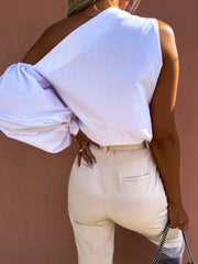 One Shoulder Puff Sleeve Blouse OutfitFlow