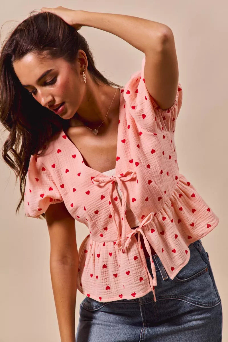SO ME All Over Heart Ribbon Tie Baby Doll Valentine Blouse OutfitFlow