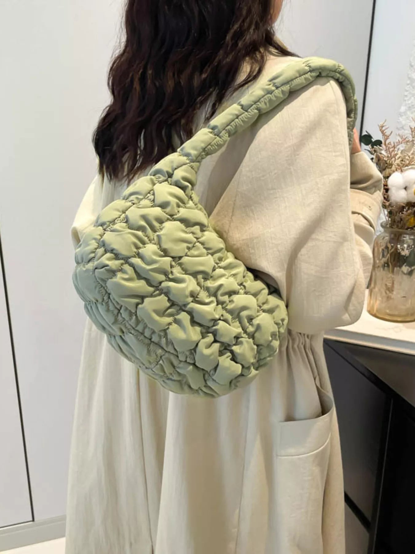 Quilted Ruched Shoulder Bag Green onesize OutfitFlow
