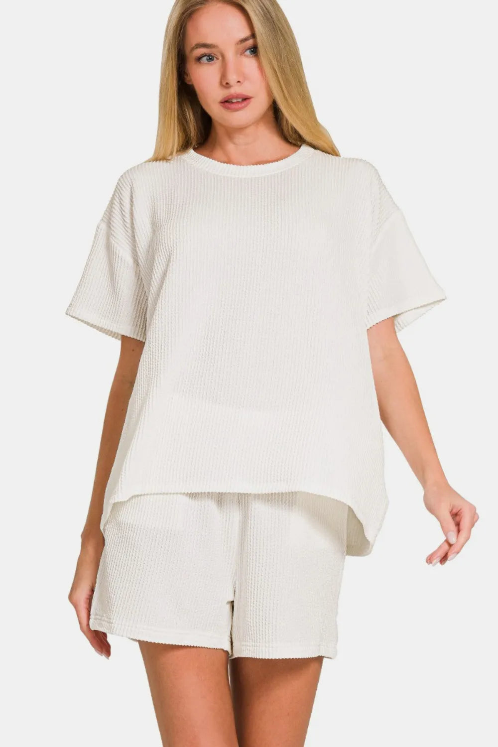 Zenana Rib Short Sleeve T-Shirt and Shorts Set Off White OutfitFlow