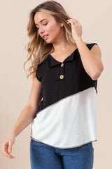 BiBi Color Block Contrast Stitching Buttoned Henley Top OutfitFlow