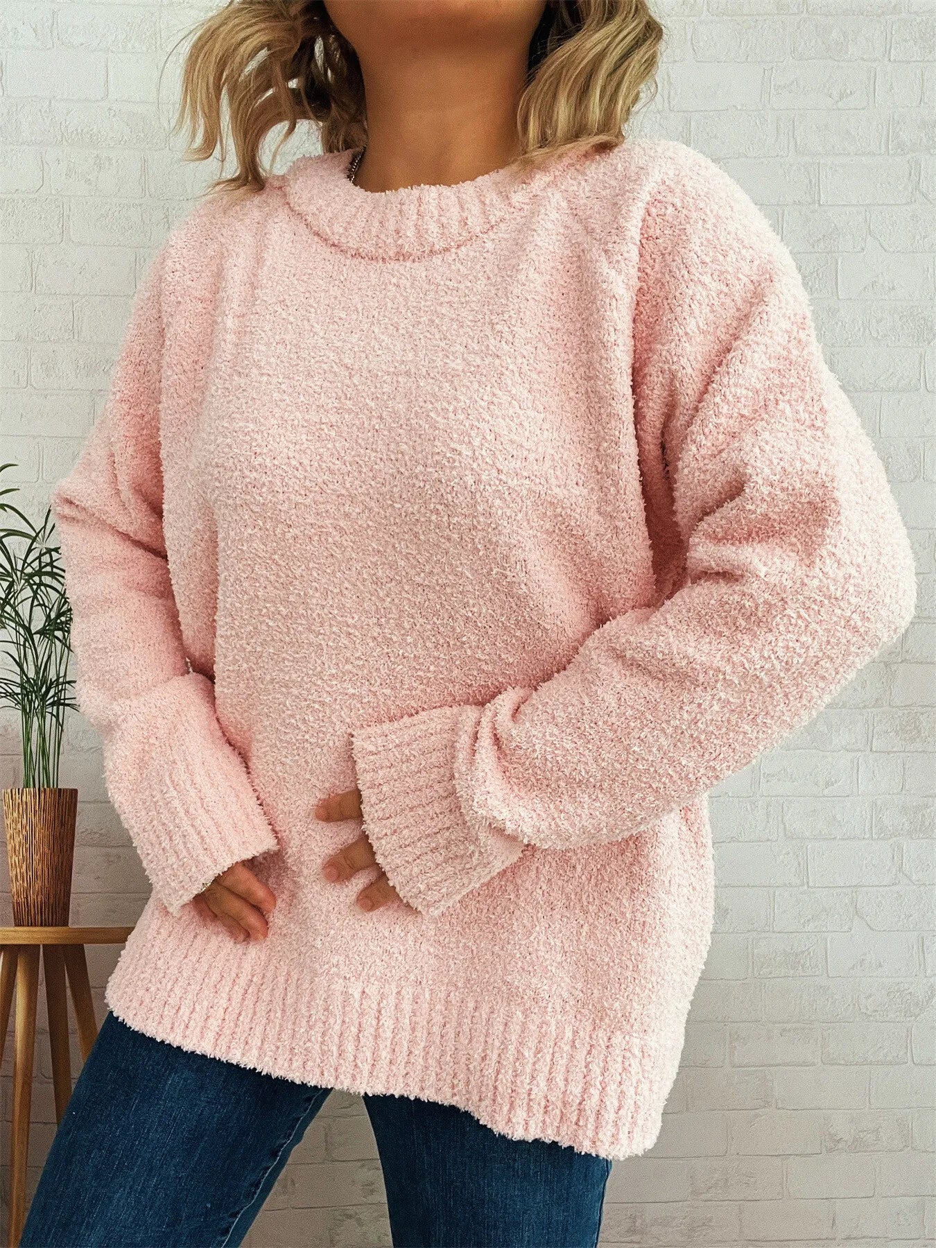 Round Neck Raglan Sleeve Sweater Pink One Size OutfitFlow