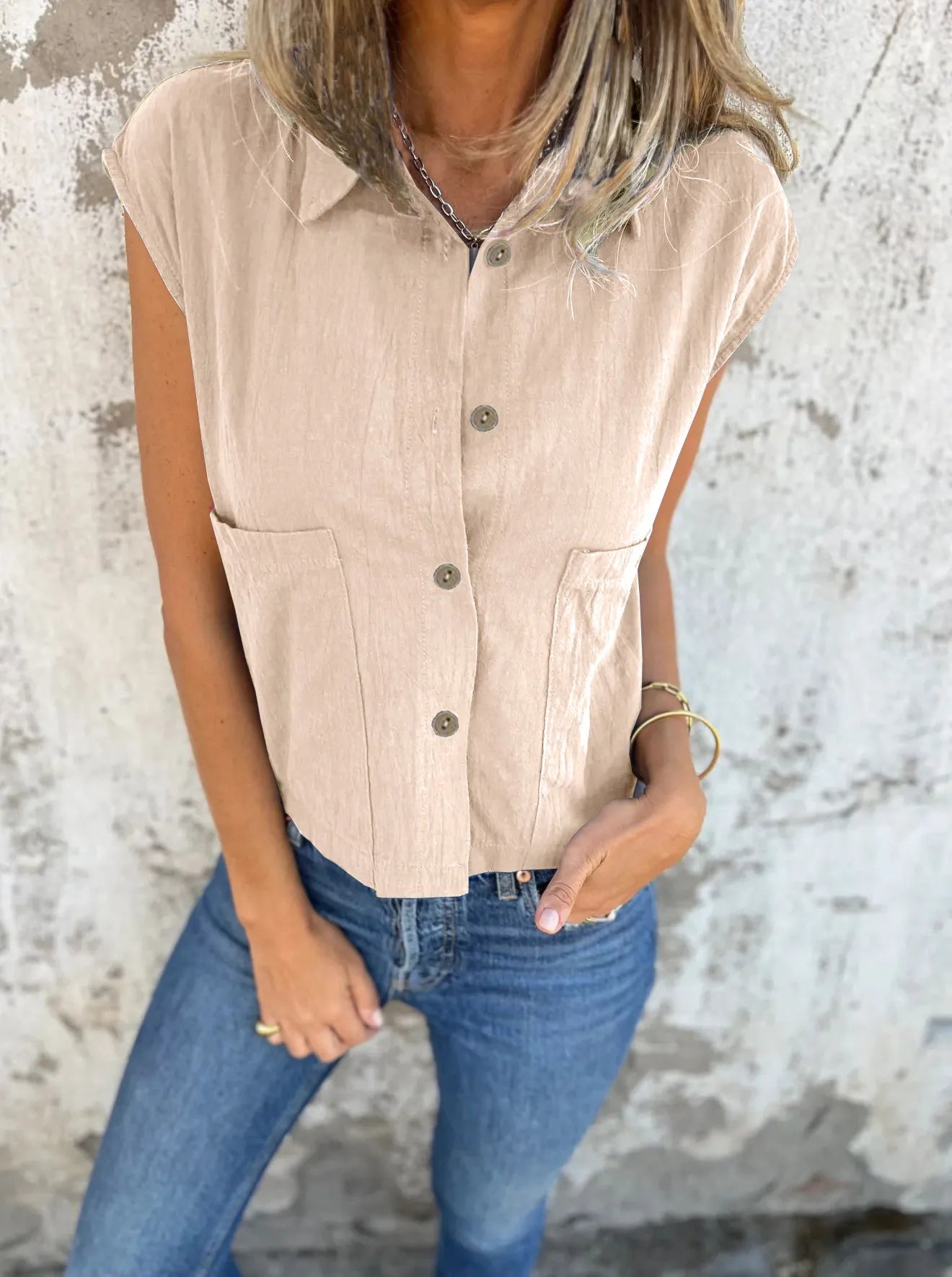 Full Size Button Down Cap Sleeve Linen Shirt Plus Size Apricot OutfitFlow