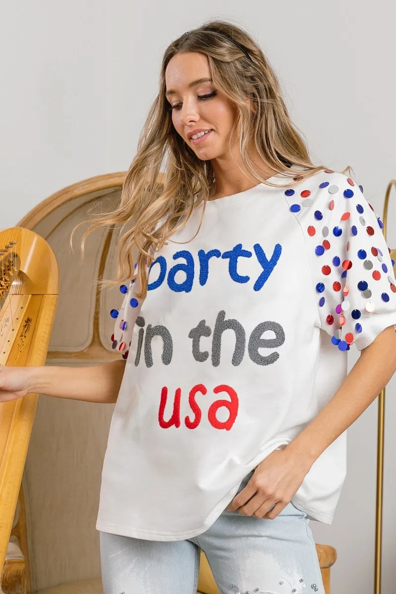 BiBi Party In The Usa Spangle Puff Sleeves Top OutfitFlow