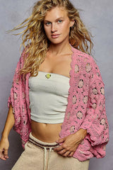 POL Openwork V-Neck Chenille Cardigan with Contrast Floral OutfitFlow