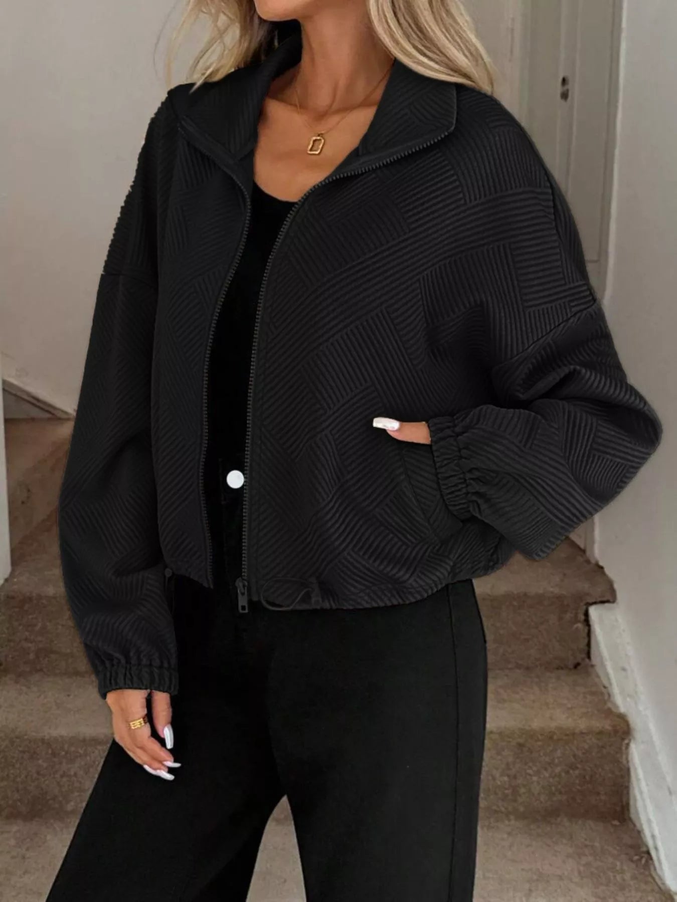 Textured Zip-Up Drawstring Hem Jacket Trendsi