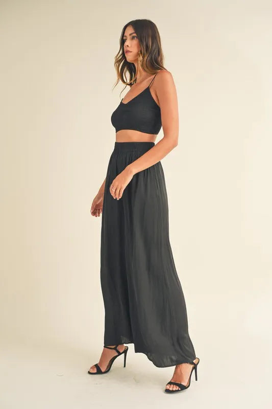 MABLE Smocked Bralette Crop Top and Wide Leg Pants Set OutfitFlow
