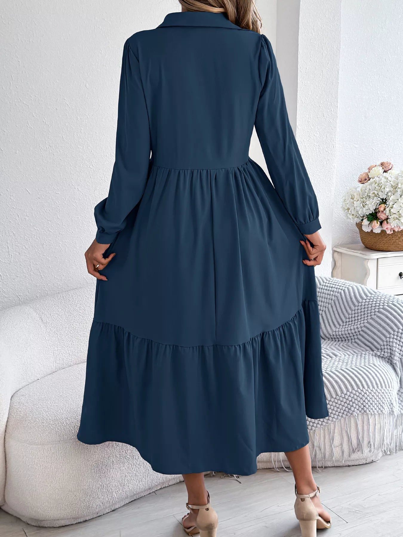 Long Sleeve Tiered Button Front Midi Dress OutfitFlow