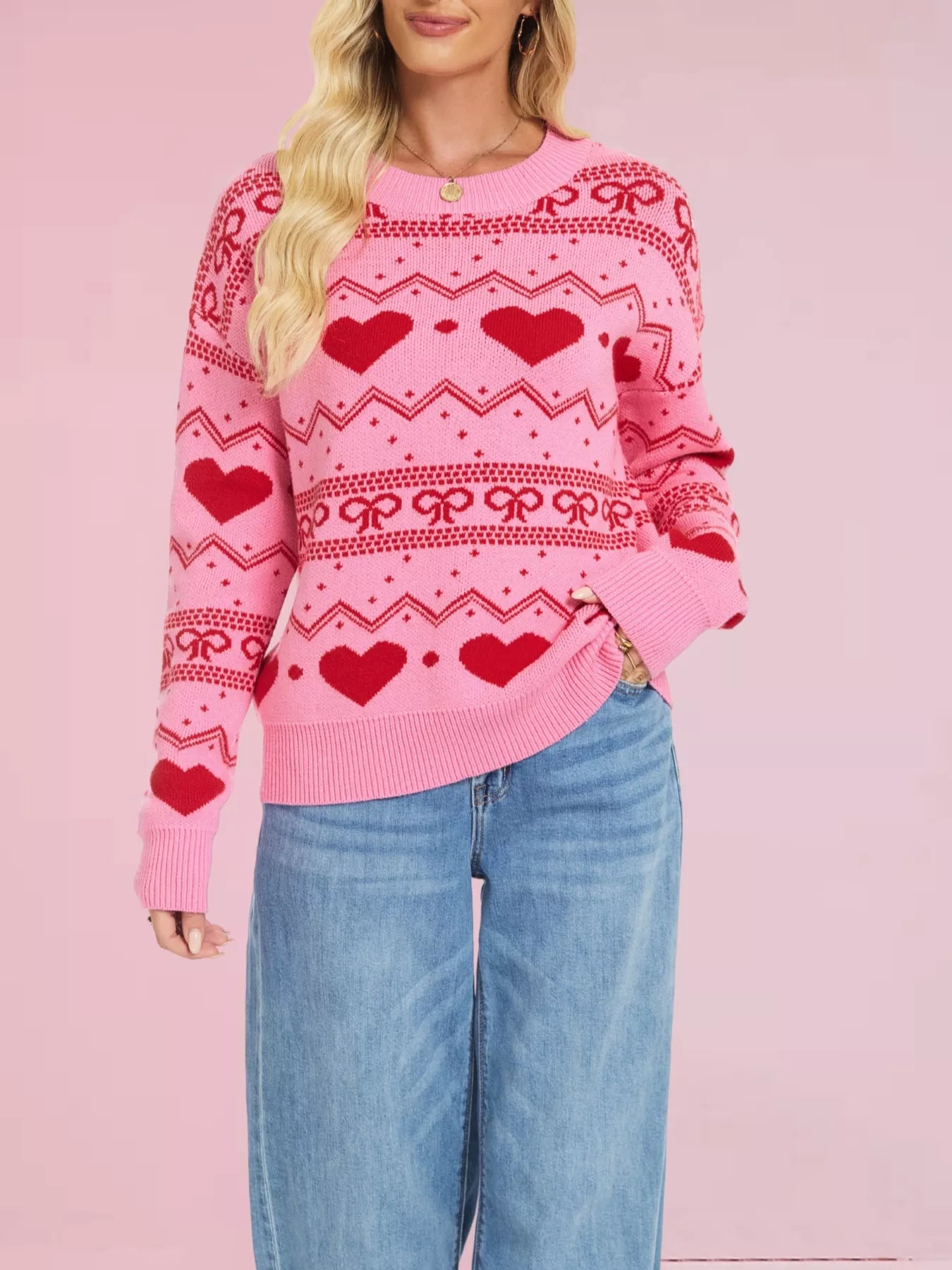 Heart & Bow Pattern Round Neck Sweater OutfitFlow