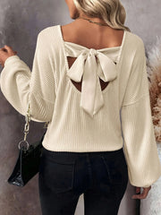 Ribbed Knit Back Bow Tie Blouse OutfitFlow
