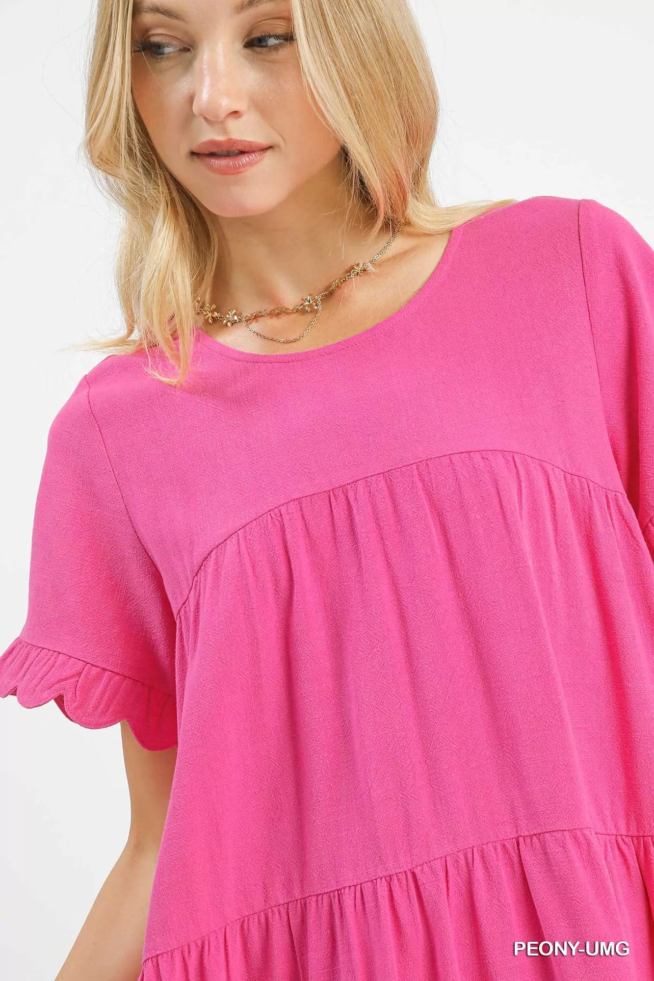 Umgee Linen Tiered Babydoll Dress with Ruffle Sleeves Trendsi